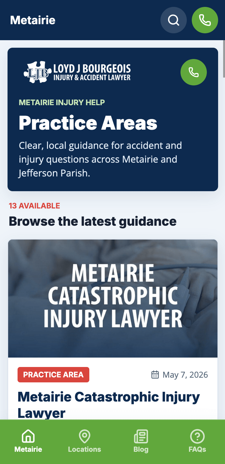 LJB Legal mobile app practice areas screen